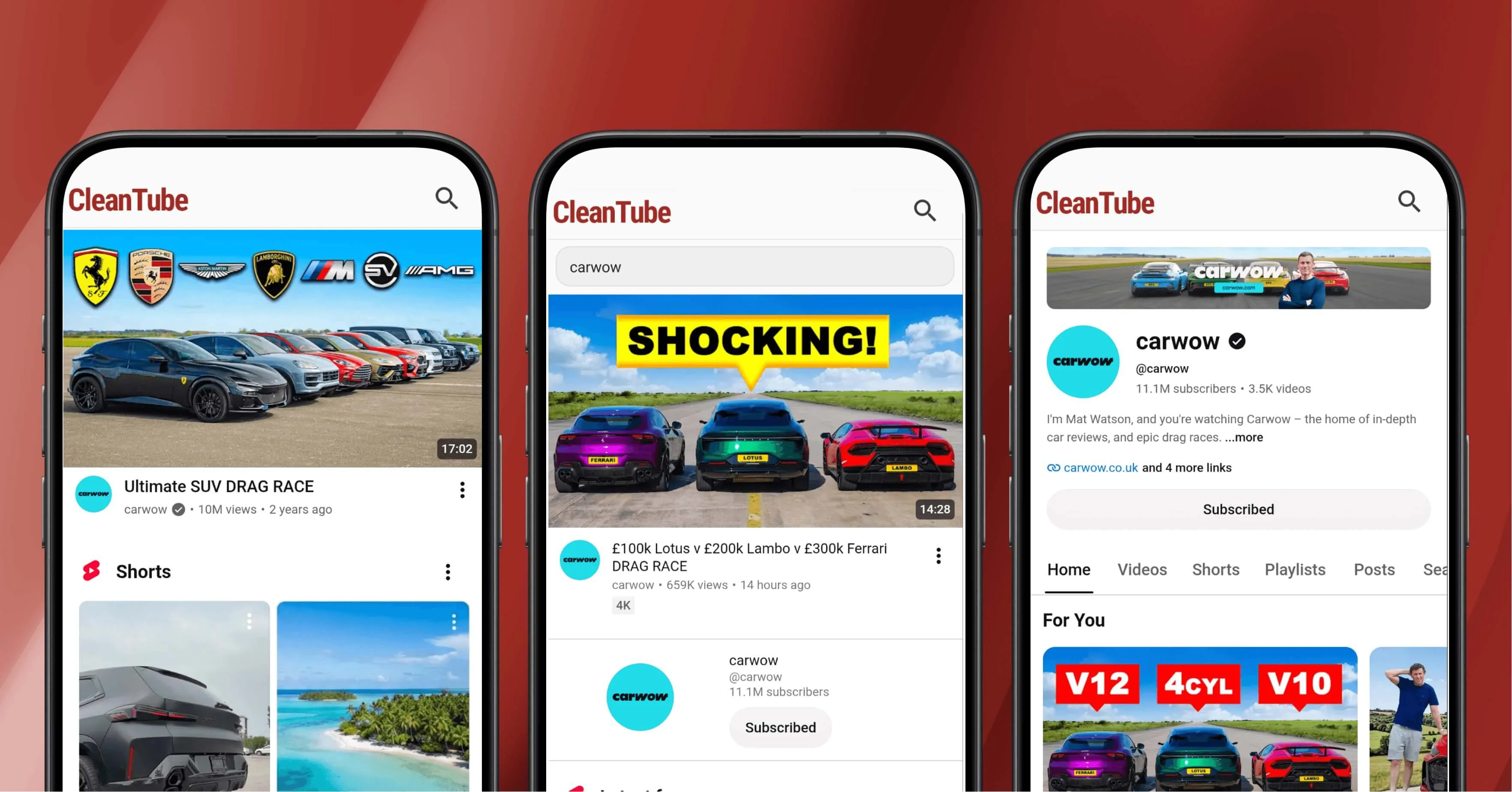 CleanTube app running on three phones — home feed, search results, and a creator channel