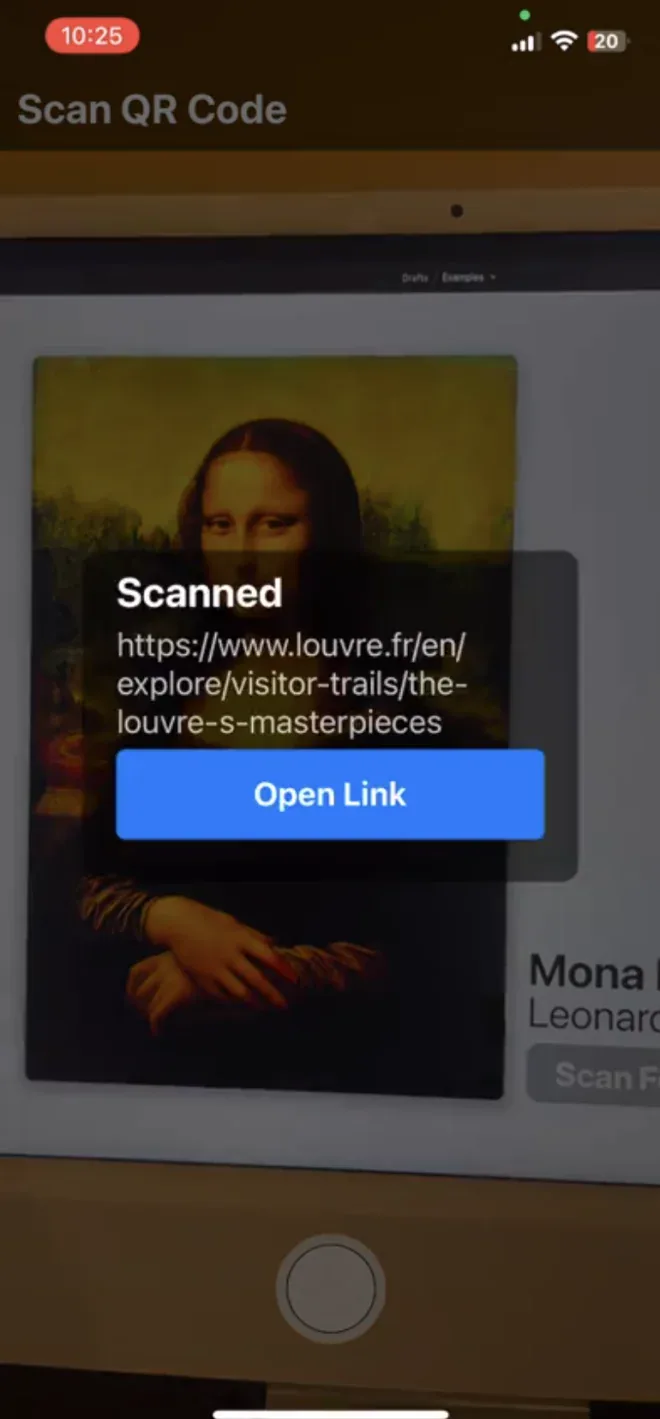 The mobile prototype decoding a QR payload hidden inside a photograph of the Mona Lisa, surfacing a scanned link